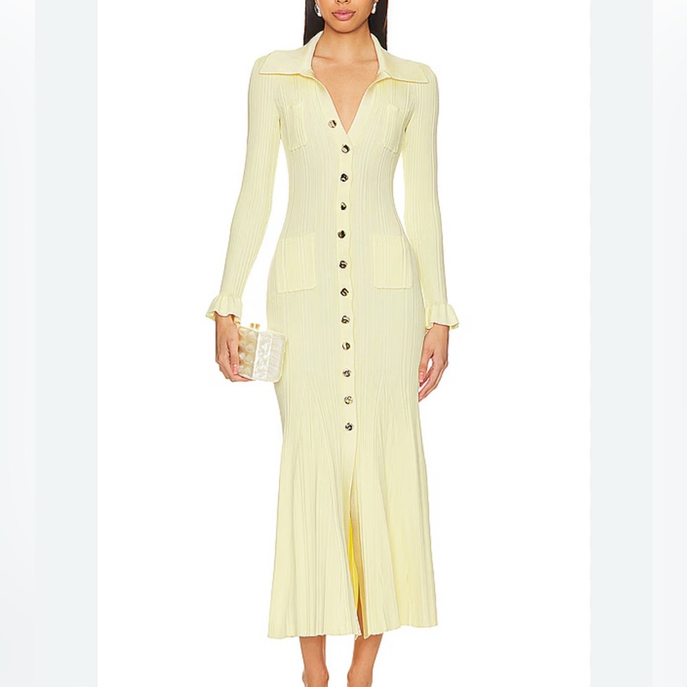 Copy Self-Portrait Knit Midi Dress in Yellow with Plunge Neckline